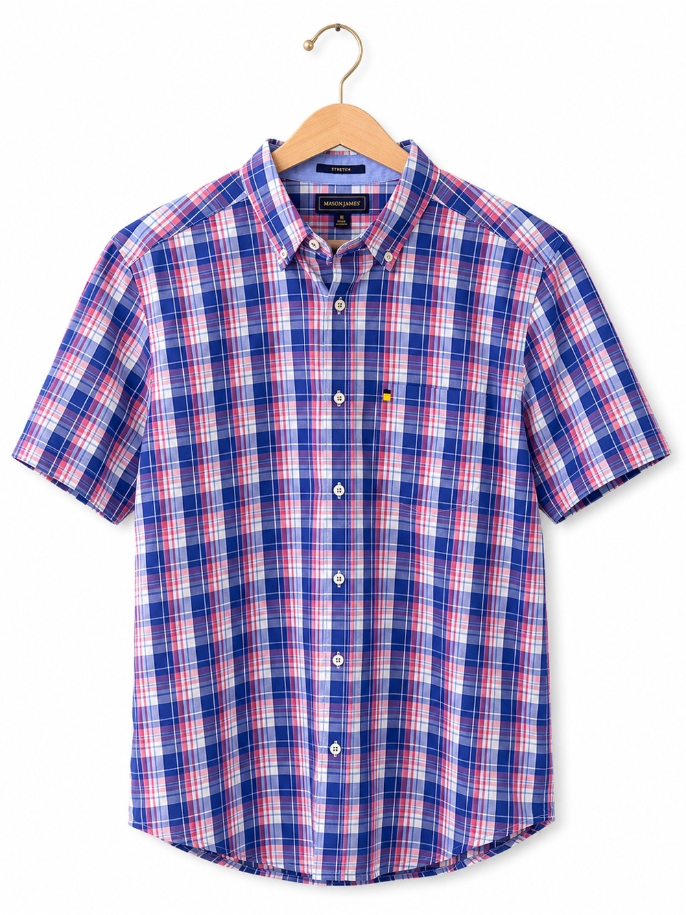 Mason James Men’s Plaid Button Down Shirt Medium Stretch Short Sleeve Blue Pink